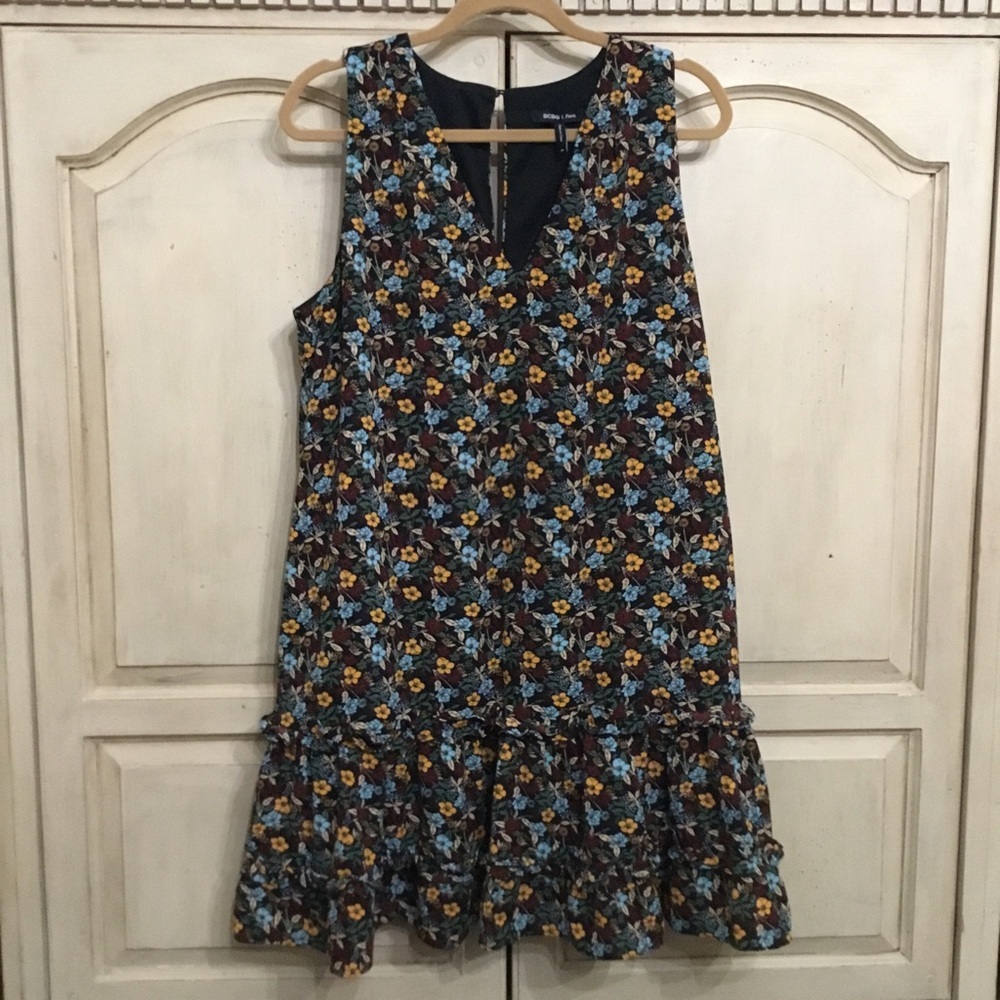 BCBG Women’s Floral Print Sleeveless Double Ruffled Hem Midi Dress Sz XL